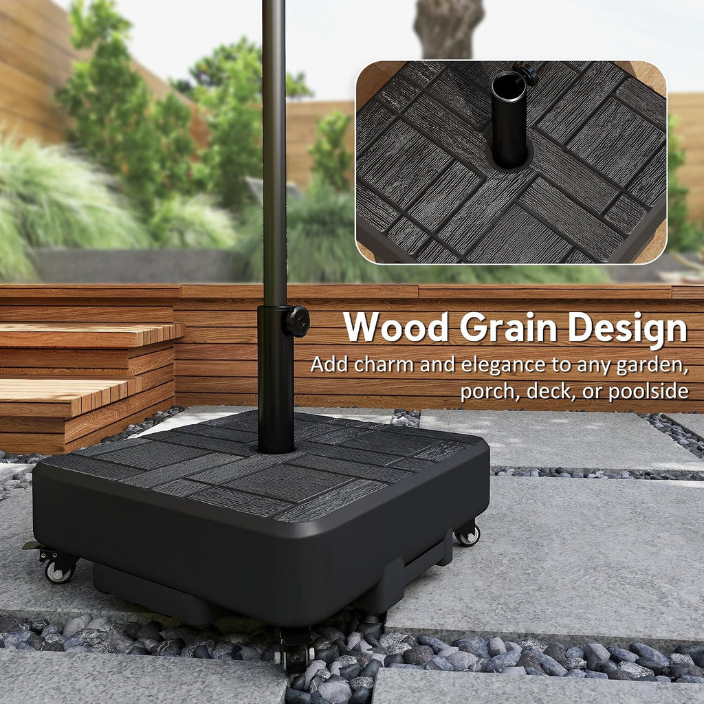 Refined Wood Grain Patio Umbrella Base with Wheels, Heavy Duty Outdoor Umbrella Stand for 6-13 ft Umbrellas