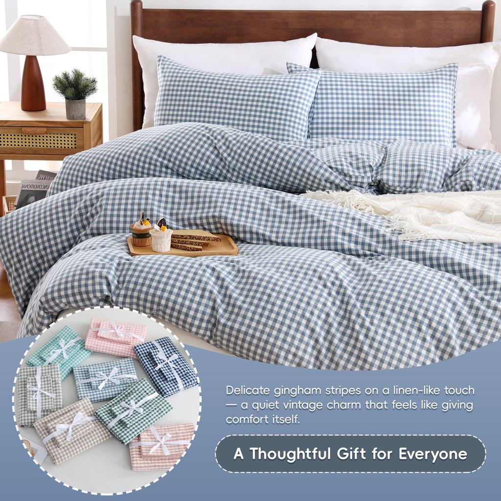 Cotton Pale Blue Gingham Duvet Cover Bedding Set Linen Like