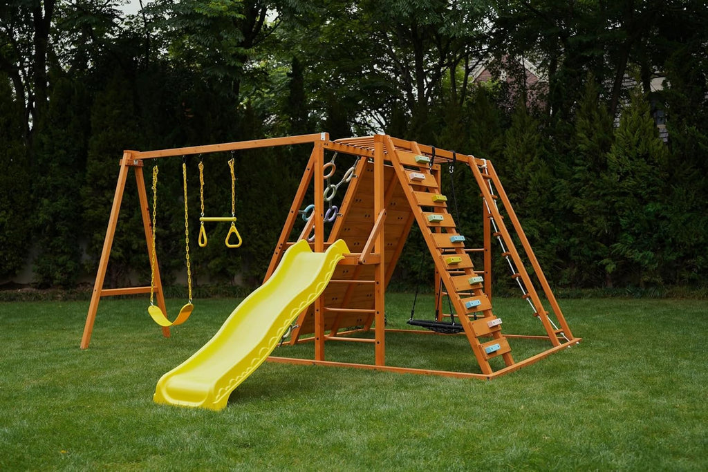 Sycamore Wooden Swing Set with Climbing Ladder, 2 Belt Swings & Trapeze Bar - Outdoor Backyard Jungle Gym Playground