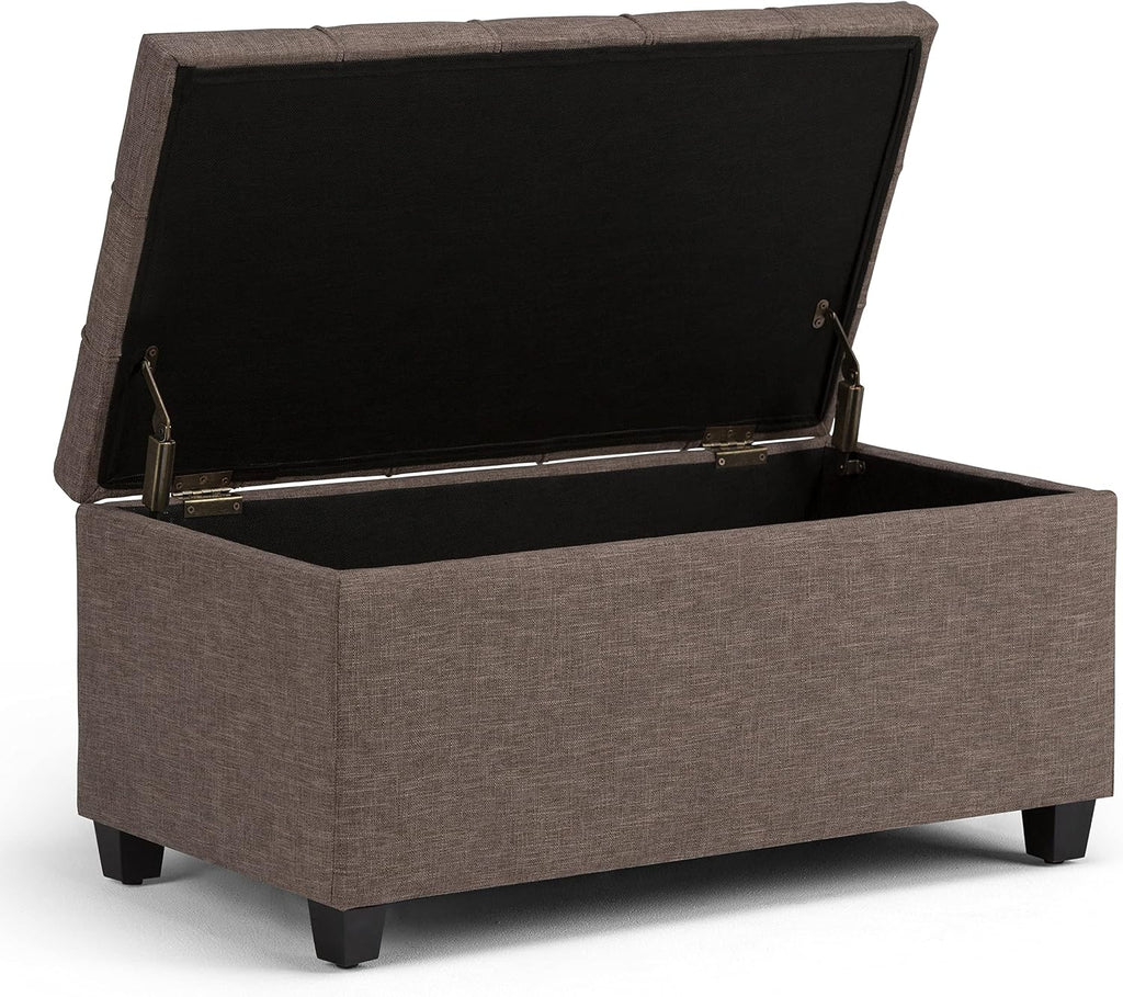 Sienna 33" Wide Vegan Leather Storage Ottoman in Satin Cream | Tanners brown, transitional ottoman with tufting and