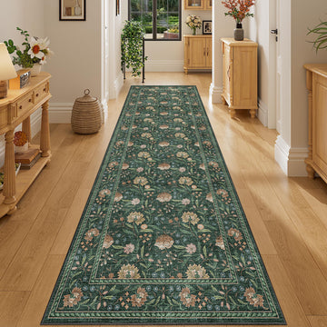 2.6x8 Runner Rug, Washable Vintage Floral Kitchen Runners Rug, Green