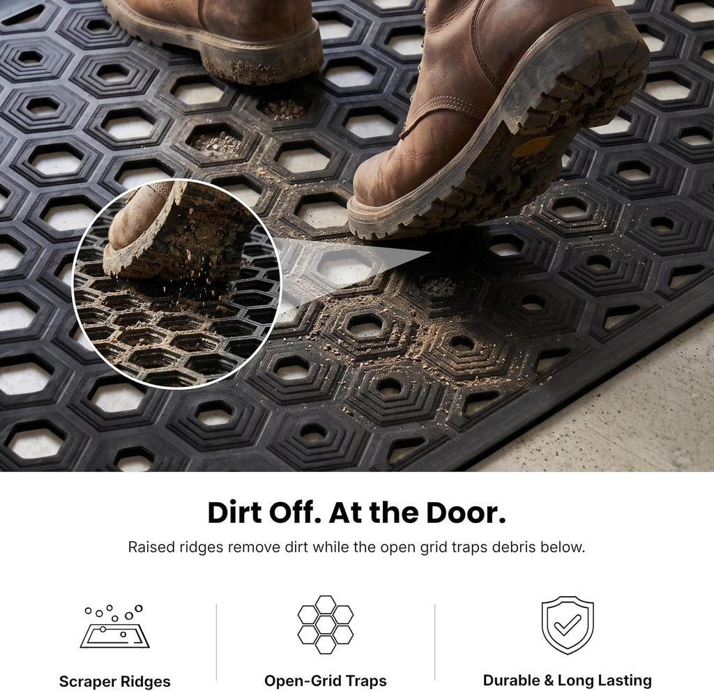 Subhera Collection Heavy Duty Rubber Door Mat 25"×39" Non-Slip Drainage with Dirt Scraper | Outside Doormat for Front