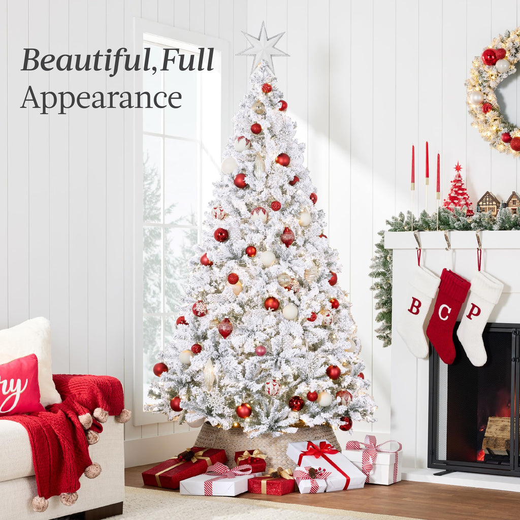 Pre-Lit White Christmas Tree, 4.5ft Artificial Snow Flocked Full Fir Tree, Holiday Decoration w/ 200 Lights, 400