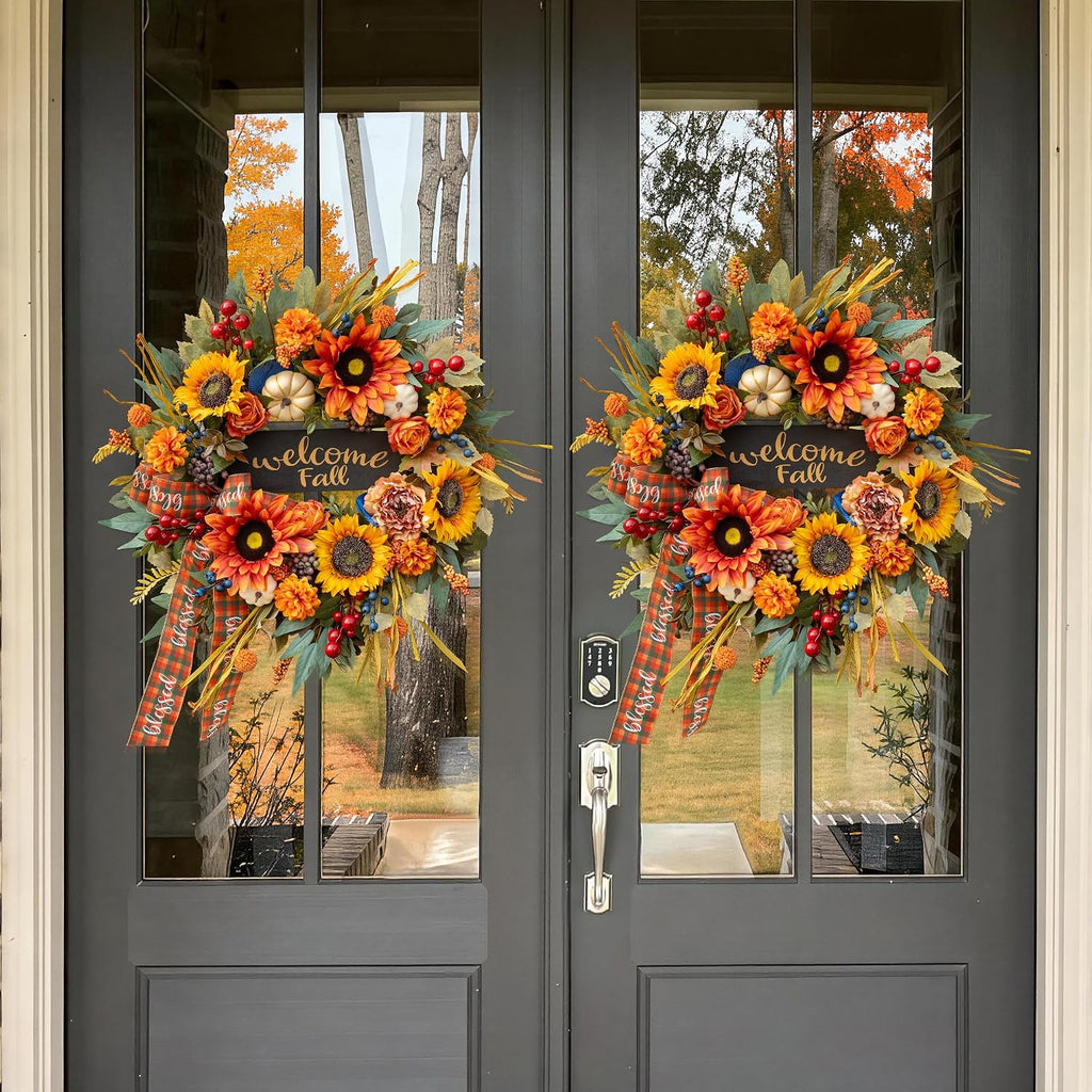 24 Inch Harvest Fall Wreaths for Front Door, Rustic Harvest Autumn Wreath