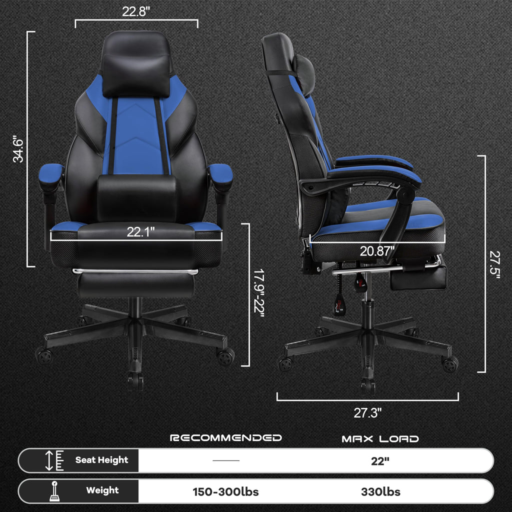 Video Game Chair for Adults, Gaming Chair with Footrest, Big and Tall Computer Chair with Massage Lumbar Support