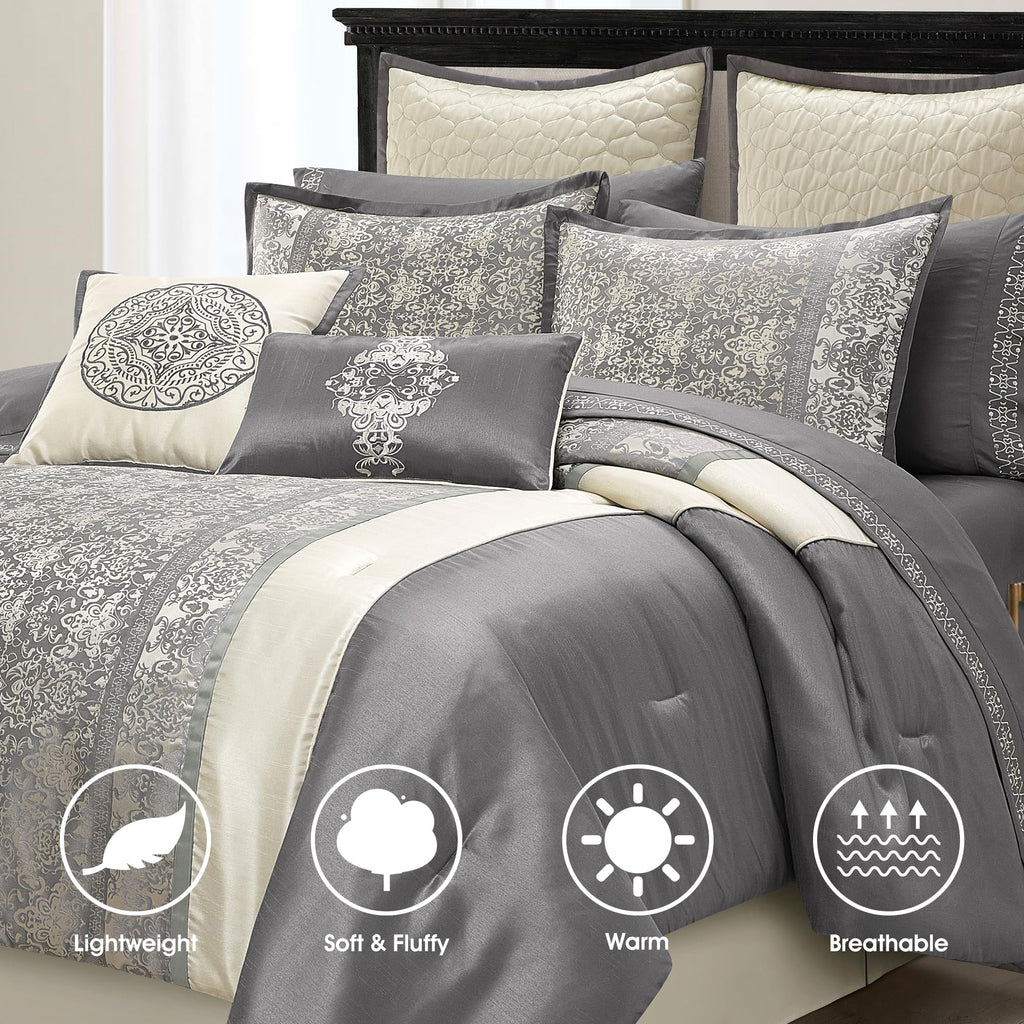 Comforter Set, Grey Beige, Traditional Jacquard Woven with Embroidery, 12 Pieces Bedding Set with Sheets