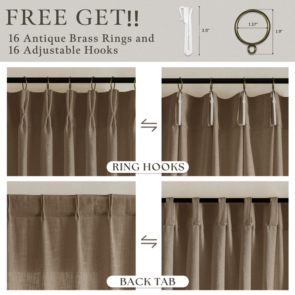 90 Inch Pinch Pleated Dark Brown Memory Shape Linen Semi Sheer Curtains 50W