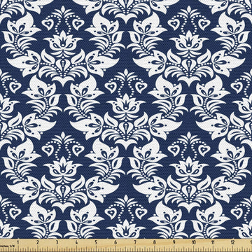 Damask Fabric by The Yard, Antique Floral Ornament with Baroque Curls Curves Foliage Nature Theme, Decorative Fabric