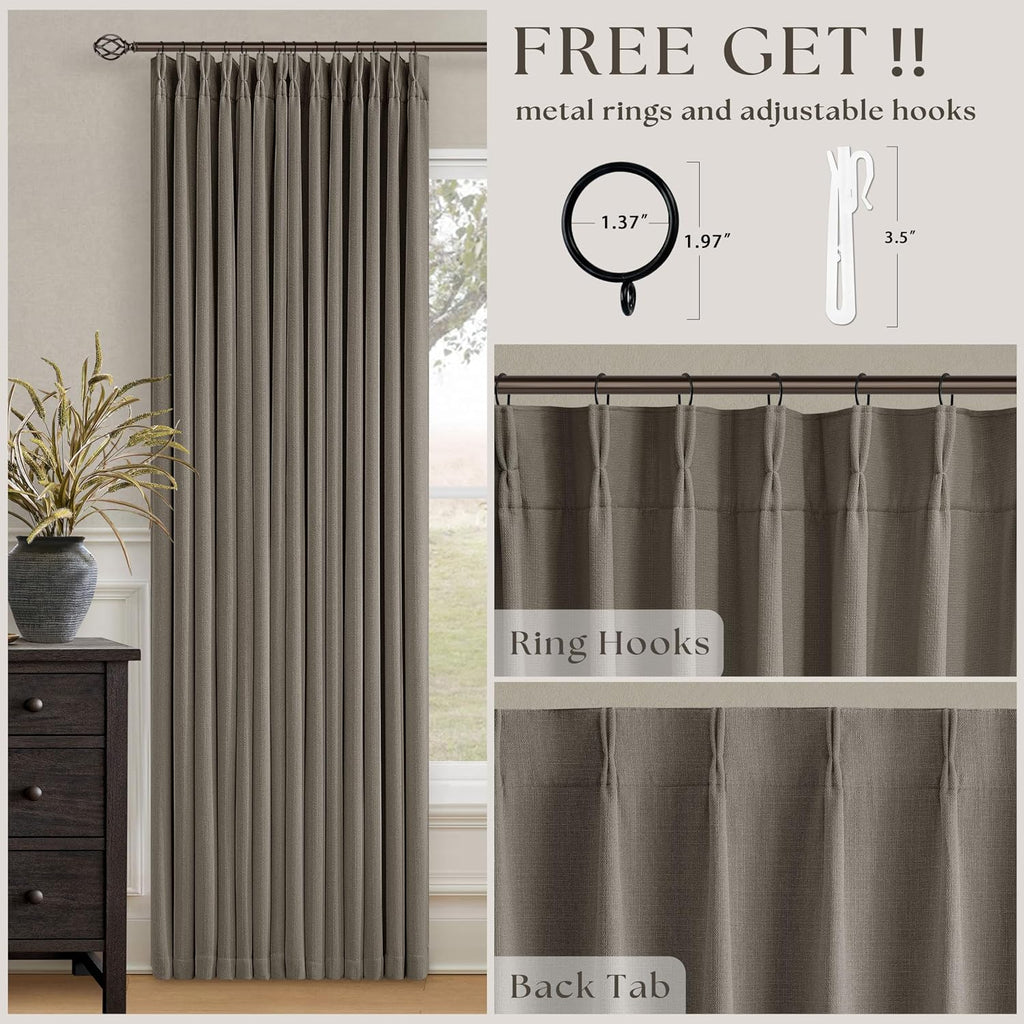 Dark Taupe 96 Inch Blackout Pinch Pleated Curtains 2 Panel Set for Living Room Darkening Thick Linen Textured 100%