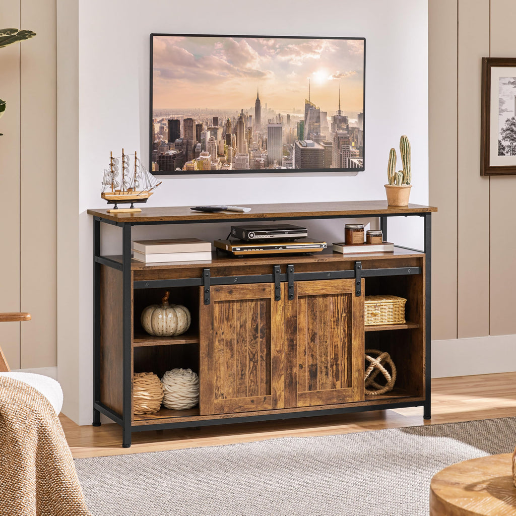 Farmhouse TV Stand for 55 Inch, Sliding Barn Door, Rustic Brown