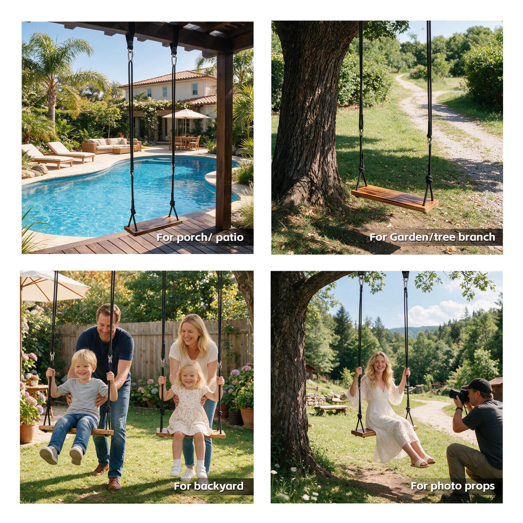 Hanging Wooden Tree Swing with Adjustable Climbing Rope & Tree Straps