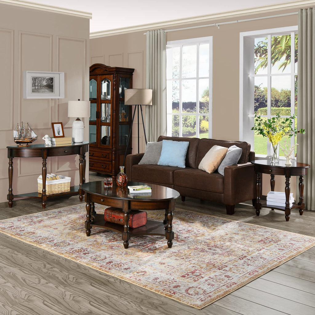 Oval Coffee Table, 2-Tier Solid Wood Table with Storage Drawer, Victorian Antique Ellipse 45" Wx27.6 Dx18.2 H, Easy