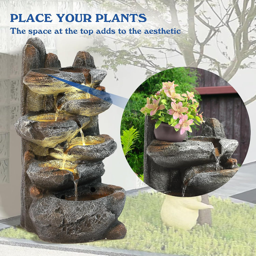 Outdoor Cascading Rock Water Fountain, 6-Tier Fountain and Waterfall | Garden Freestanding Resin Waterfall Feature