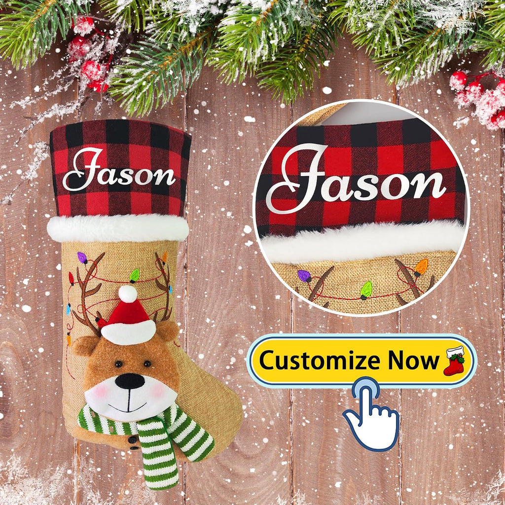 With Name, 18" Gnome Burlap Elk Bear Plaid Xmas Stocking Holiday Christmas Stockings, Holiday Christmas Decoration