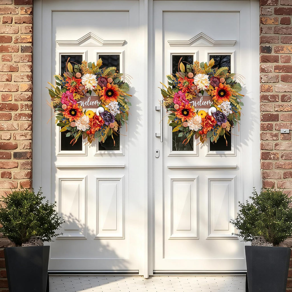 Artificial Harvest Fall Wreaths for Front Door 24 Inch Autumn Wreath