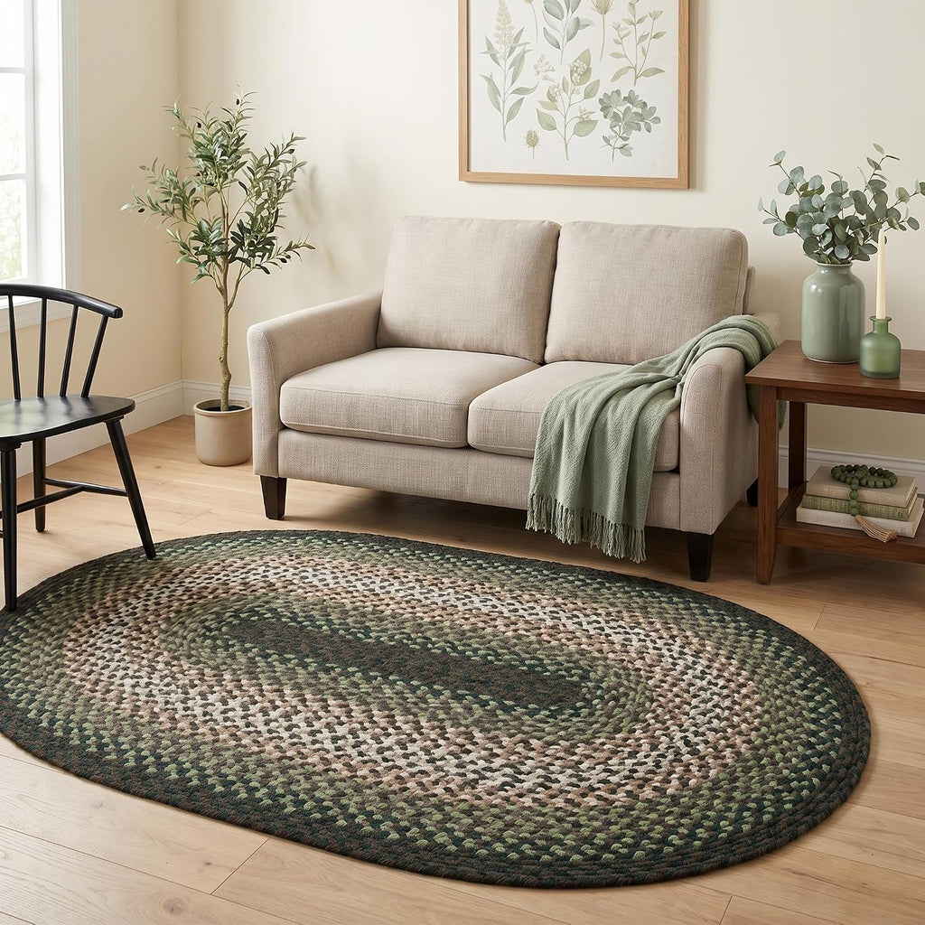 Oval Green - Ivory Oval Braided Rug for Farmhouse Style Bedrooms and Living Rooms
