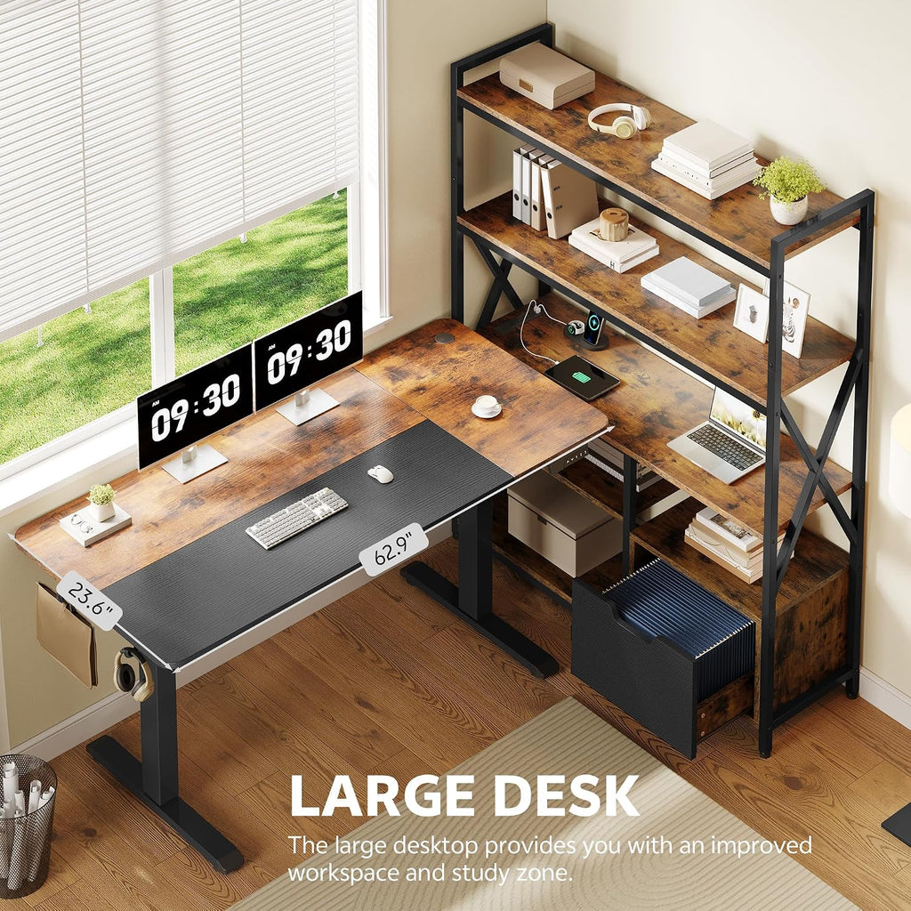 77.8 Inches L Shaped Standing Desk Corner Desk with Hutch Electric Height Adjustable Desk with Storage Shelves File