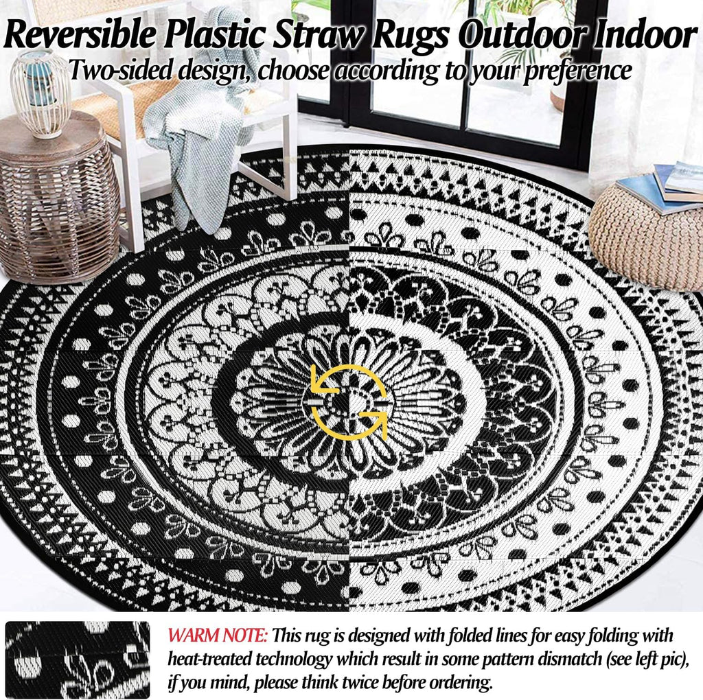 Reversible Outdoor Rugs 6Ft Round Patio Rugs Lightweight Plastic Straw Rug Waterproof RV Camping Mat Portable Area