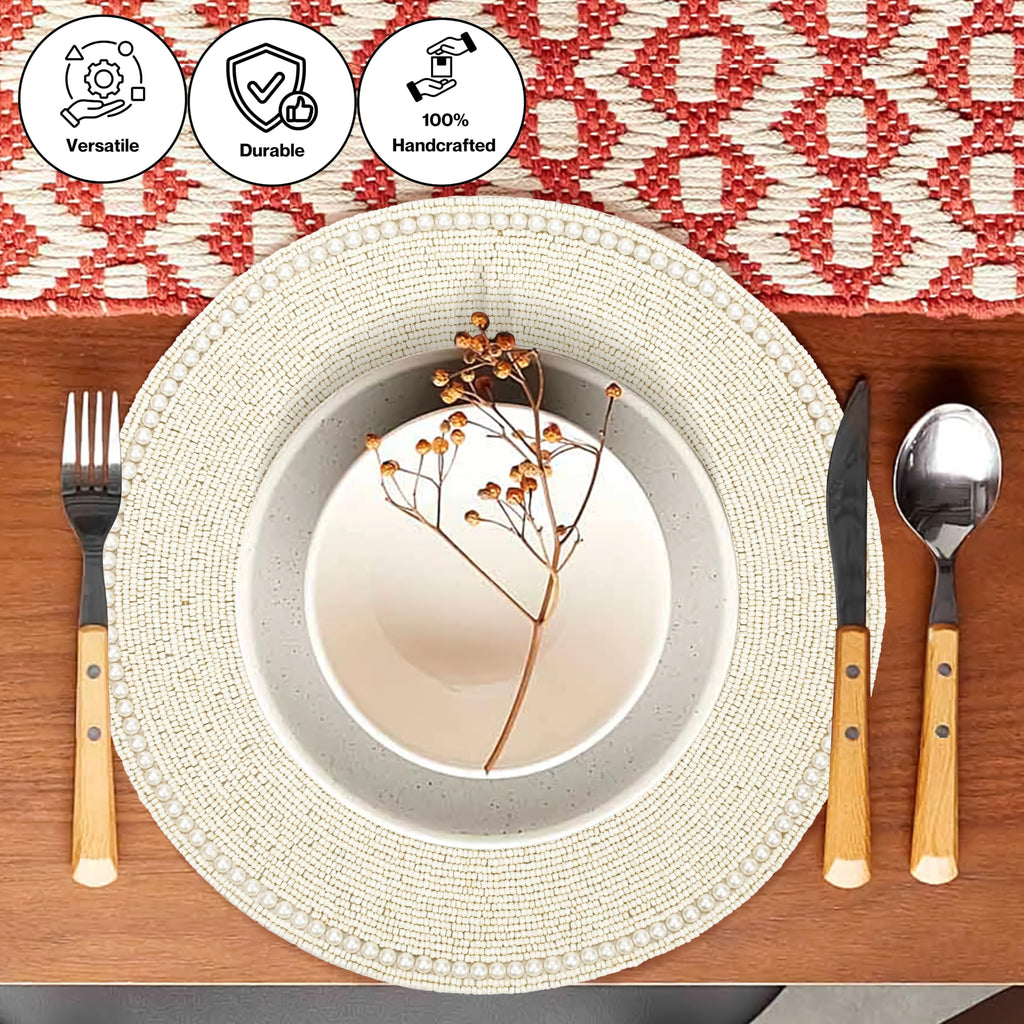 Beaded Placemats Set of 2 Ivory Round Handmade Table Mats