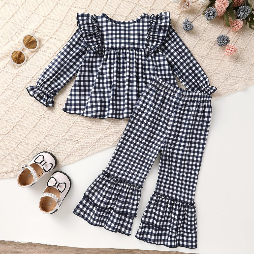 TREE Toddler Girl Fall Clothes Outfit Ruffle Bow Top Flare Pants Set