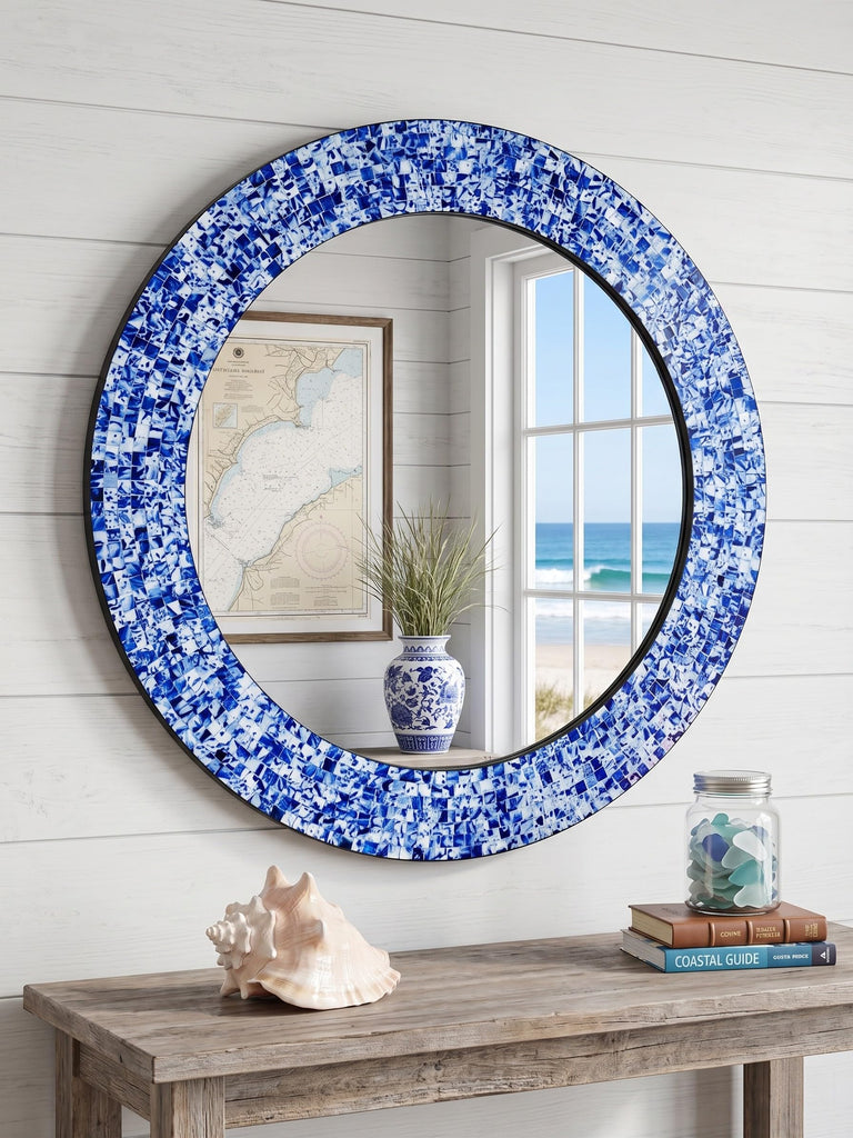 24" Round Mosaic Wall Mirror Sapphire Blue & Silver Glass Tile Frame Handmade Decorative Accent Mirror Bathroom