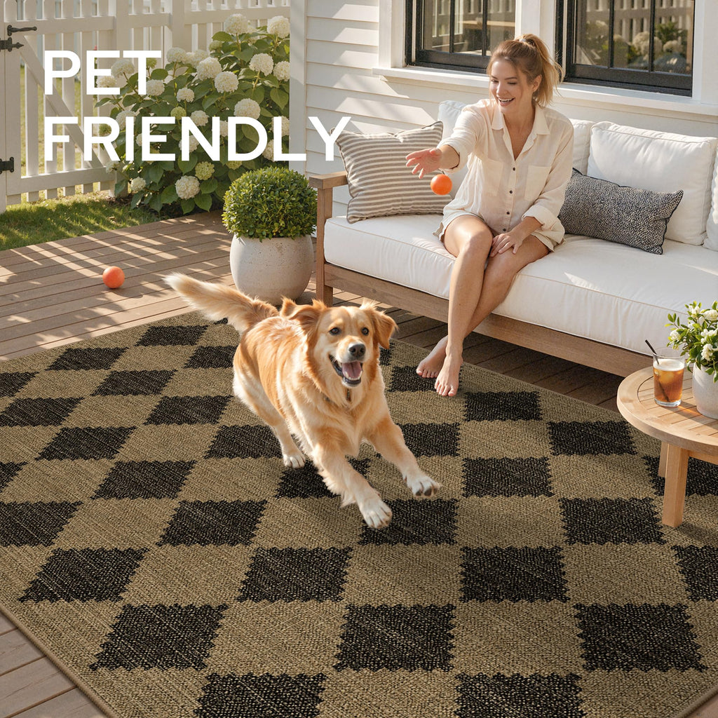 Outdoor Rug, Washable Deck, Checkered Easy Jute