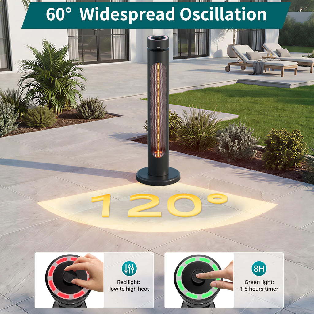 Electric Patio Heater for Outdoor Use, Infrared Heater with 8 Heat Levels, 60° Oscillation, Remote Control
