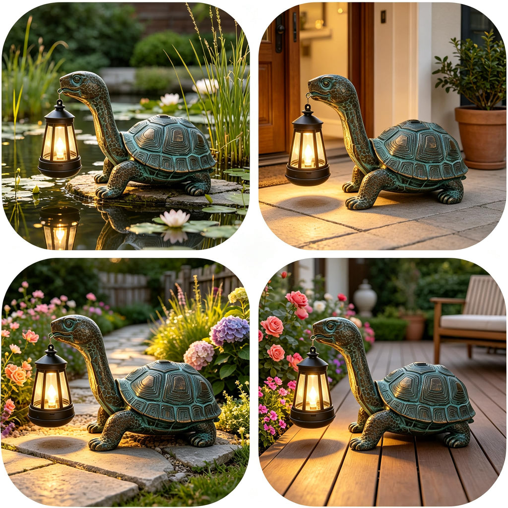 Solar Turtle Garden Statue with Hanging Solar Lantern