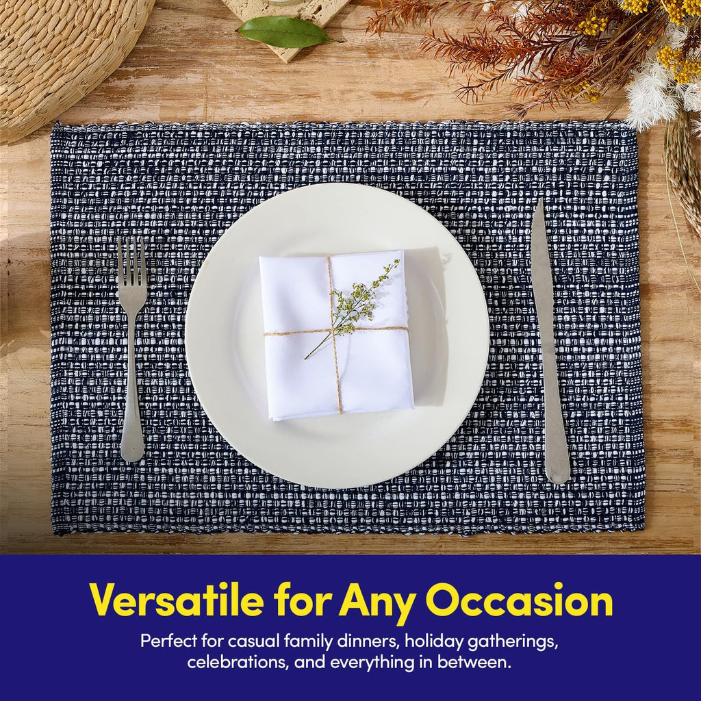 100% Cotton Placemats Rectangle Two Tone Woven Fabric 13" x 19" Soft Durable Table Mat Set, Navy - Set of 6