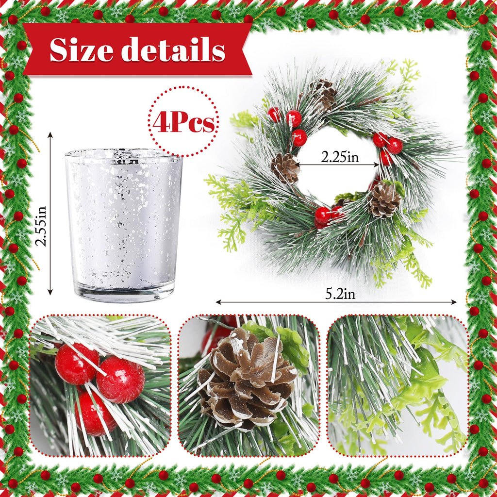 Candle Ring, 4 Pcs Votive Candle with Red Berry Pinecone