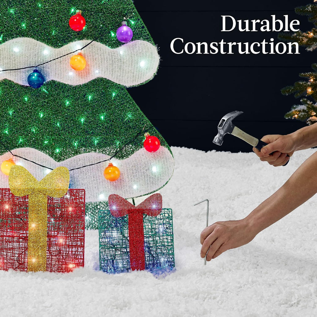 6ft Lighted 2D Christmas Tree Outdoor Décor, Large Holiday Yard Decoration w/ 170 Twinkling LED Lights, Storage Bag