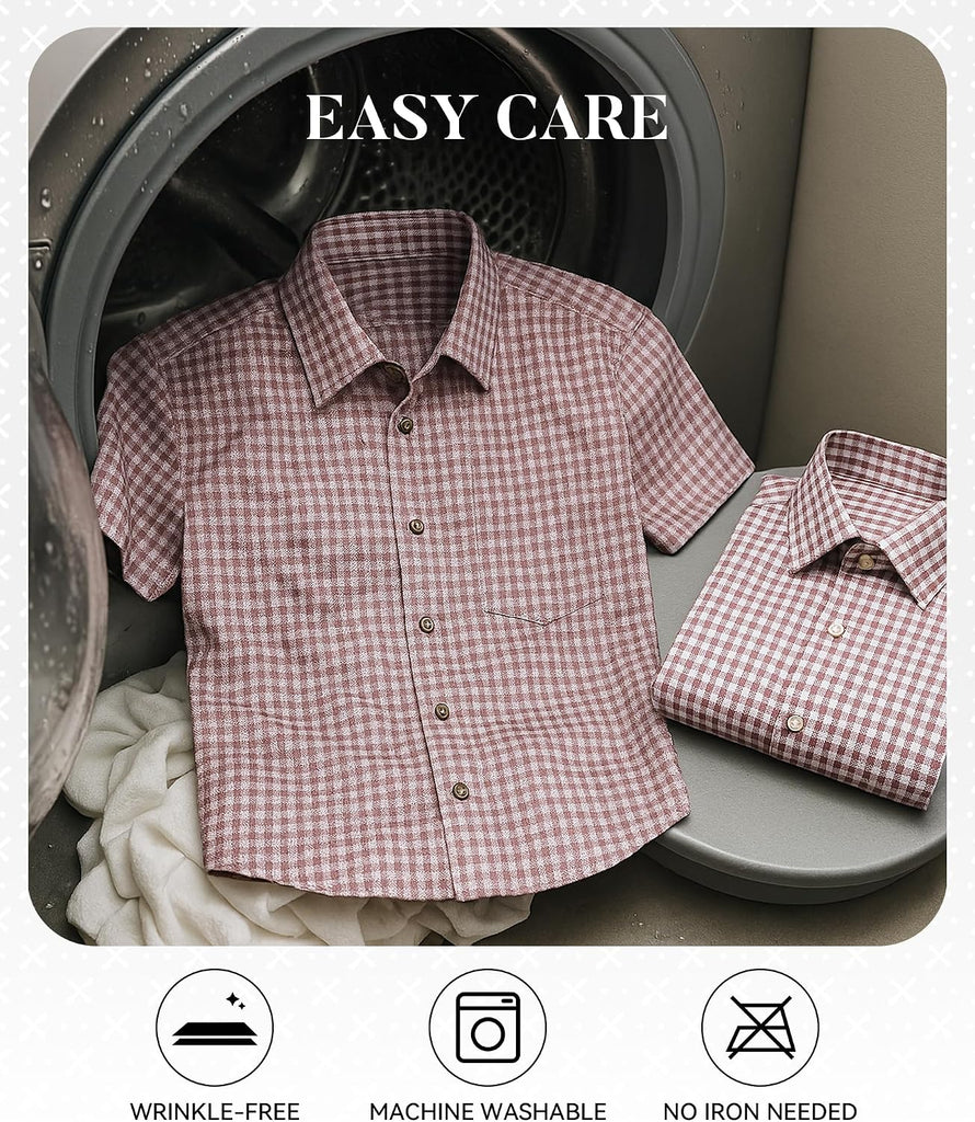 Boys Casual Button Down Shirts Short Sleeve Wrinkle Free Way Stretch Dress Shirs Plaid Shirts for Kids