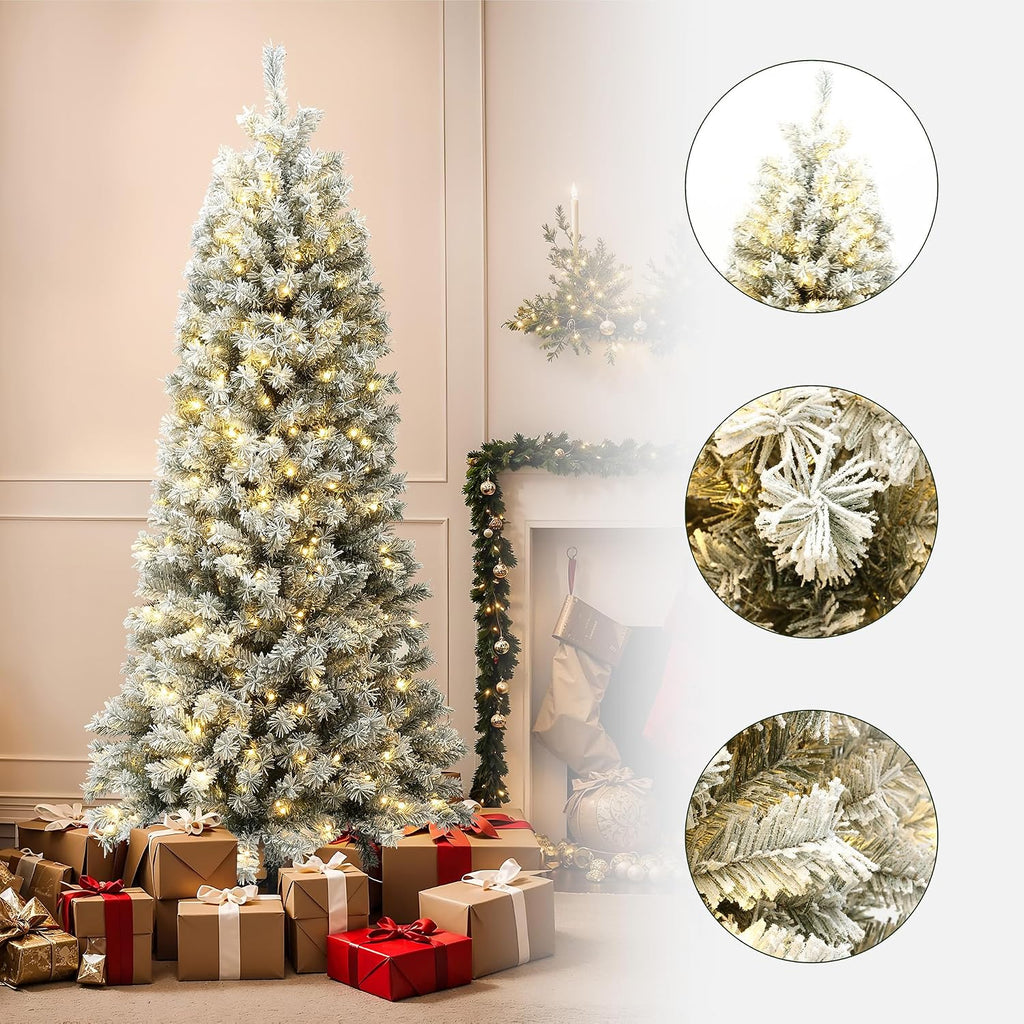 LuxenHome 7FT Prelit Flocked Slim Spruce Christmas Tree