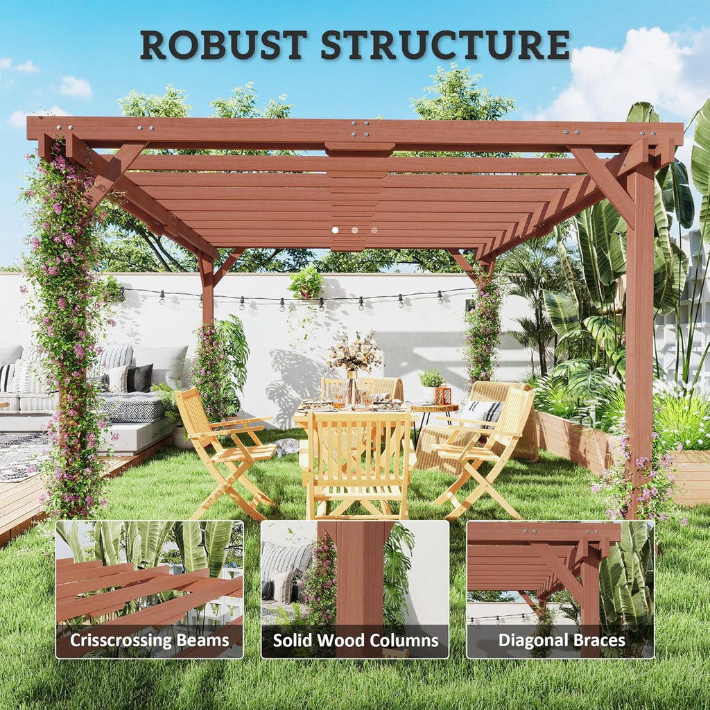 11' x 12.5' Outdoor Pergola, Wood Pergola Gazebo Grape Trellis with Stable Structure for Climbing Plant Support, Patio