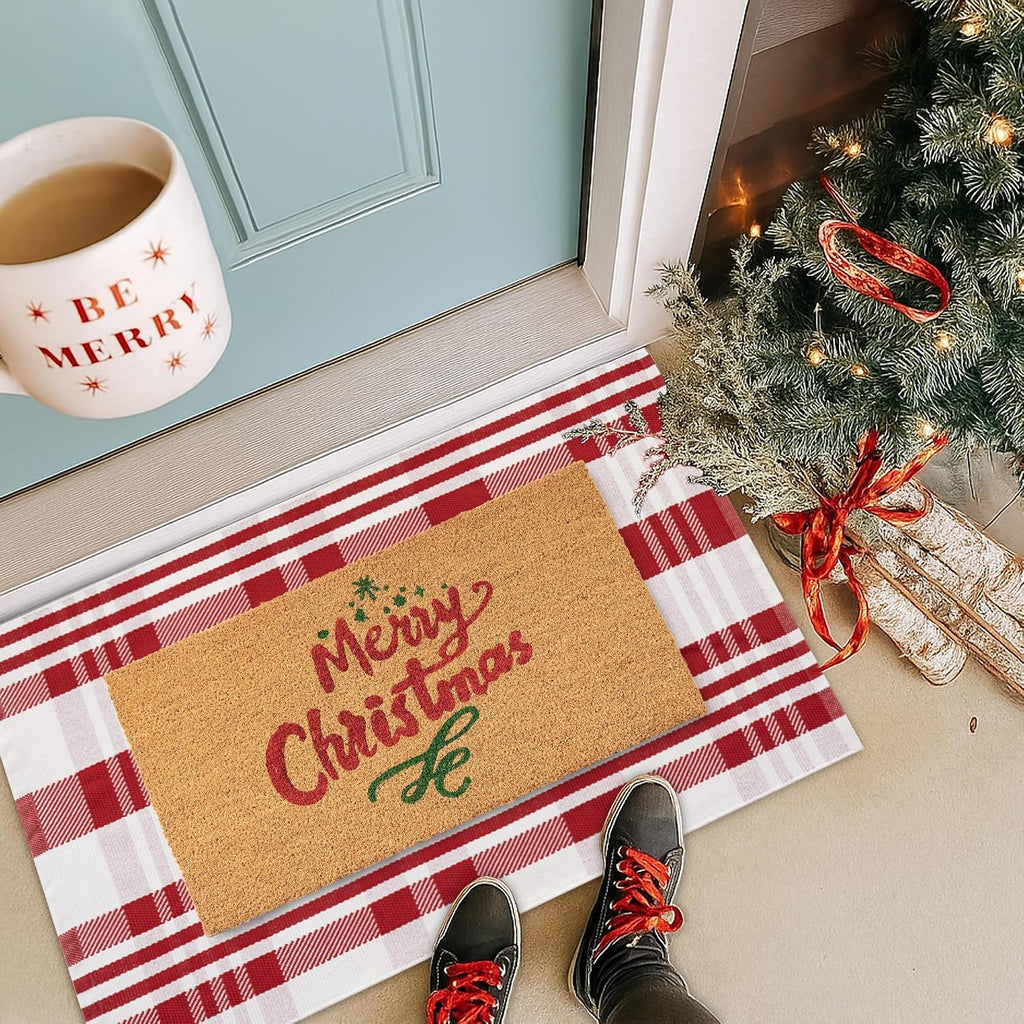 Christmas Door Mat Combo Set - 100% Coco Coir Welcome Mat + 28 x 43 Inch Red and White Diagonal Plaid Rug, New Year