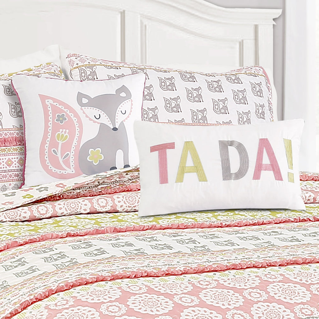 Fox Ruffle Stripe 4 Piece Quilt Set, Twin, Pink/Gray