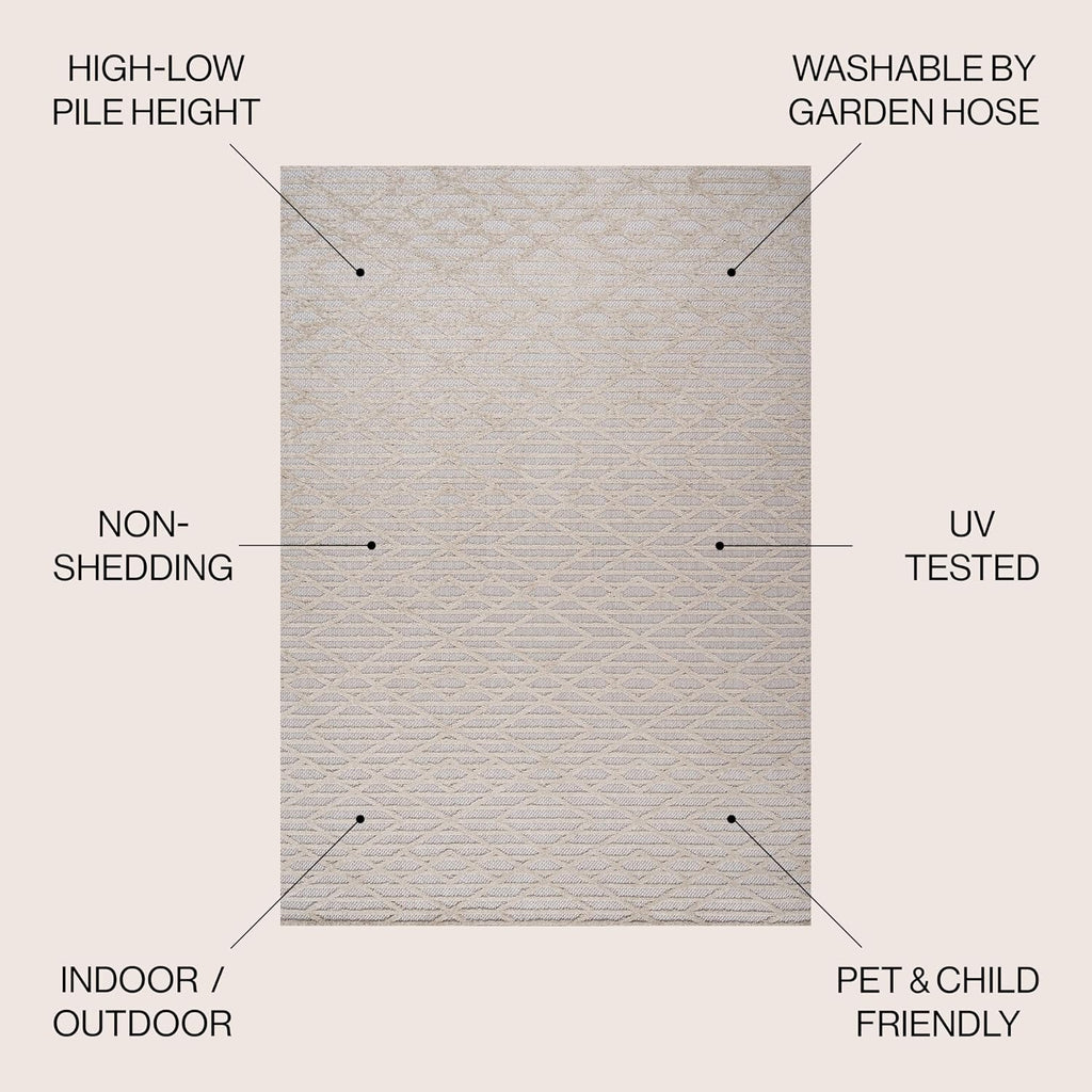 Moroccan Diamond Indoor Outdoor Area Rug Beige, Ararat High-Low Pile Modern for Backyard, Patio, Porch