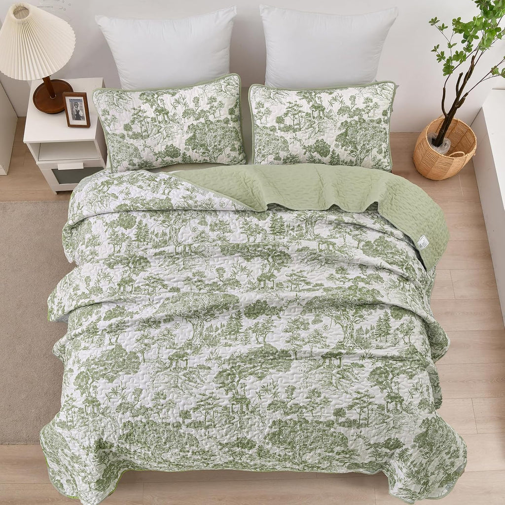 Botanical Quilt Set Queen, Sage Green 3 Pieces Floral Plants Printed Bedspread Bedding Set Soft Lightweight