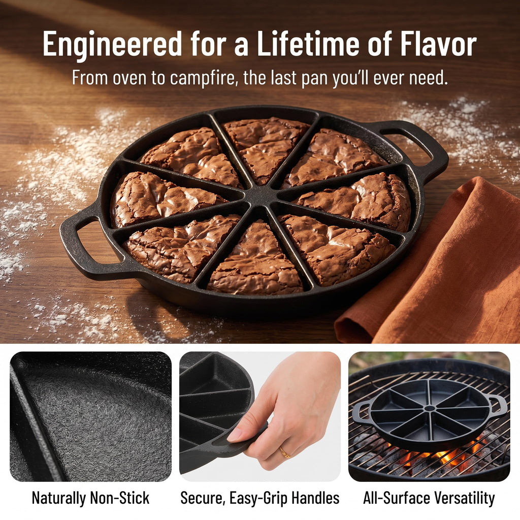 Cast Iron Wedge Pan, Non stick Round Corn Bread Skillet, Black 8-edges Biscuit Pans with Double Handles for Scones