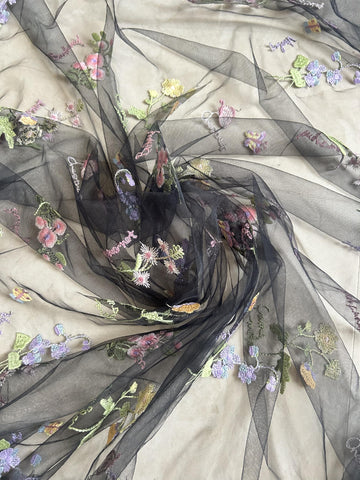Elegant White Lace Fabric Tulle Fabric by Yard Colorful Floral Embroidery, 35x51in - Soft Tulle for DIY Dresses &