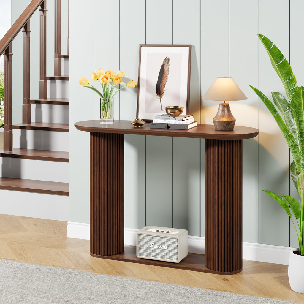 Fluted Console Table, Farmhouse Oval Curved Entryway Table with Storage and Fluted Wood Legs, Narrow Small Long Entry