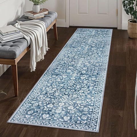 Vintage 2x8 Hallway Runner Rug, Blue and White Washable Rug, Non-Slip Super Soft Kitchen Runner Rug,