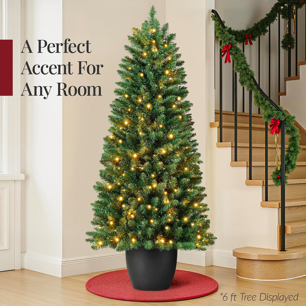Prelit Potted Pencil Christmas Tree, 6Ft Artificial Lighted Holiday Décor, 250 Twinkling LEDs , Front Porch