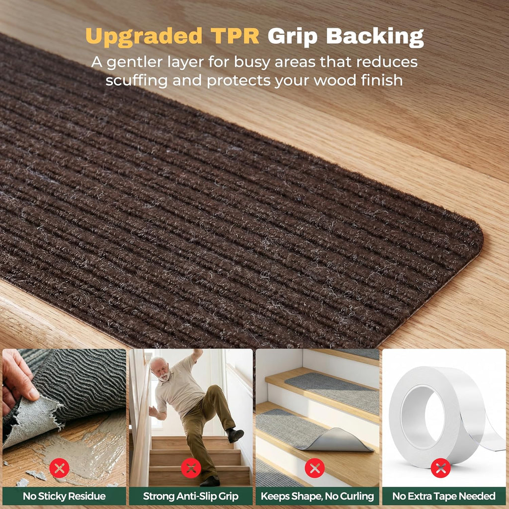 Carpet Stair Treads for Wooden Steps, 15 Pack, 8" x 30", Brown Stripe | Four-layer polyester carpet with PP grid