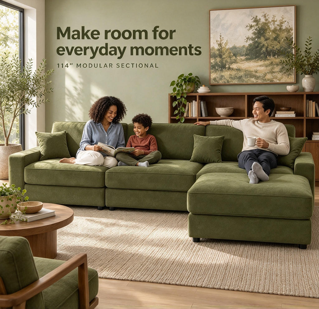 115" L-Shaped Modular Sectional Sofa, Oversized Deep Seat with Movable Ottoman, Chenille Upholstery, Side Pocket & 4