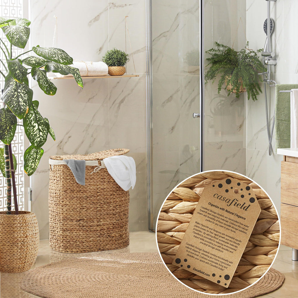 Oval Laundry Hamper with Lids and Removable Liner Bags - Natural, Woven Water Hyacinth 2-Section Laundry Basket