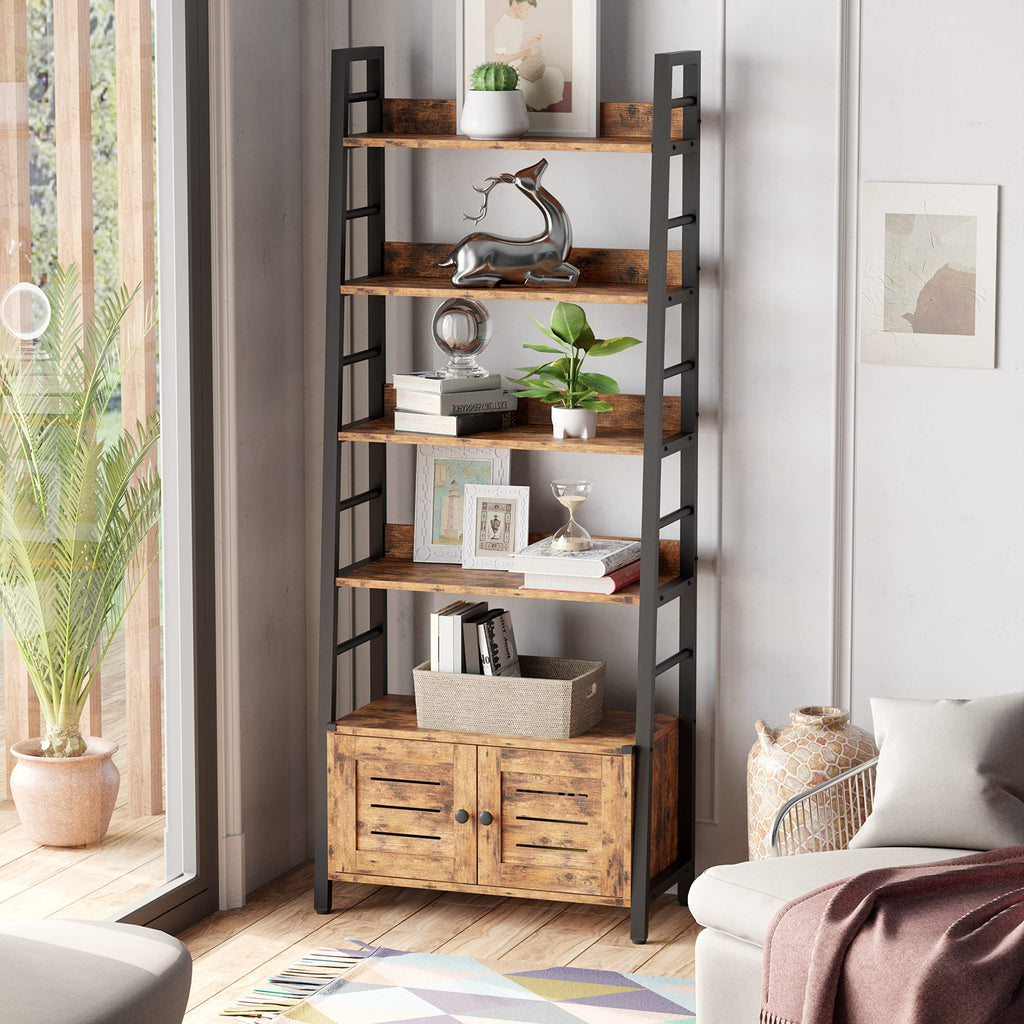 4 Tier Ladder Bookcase with Louvered Doors Rustic Brown