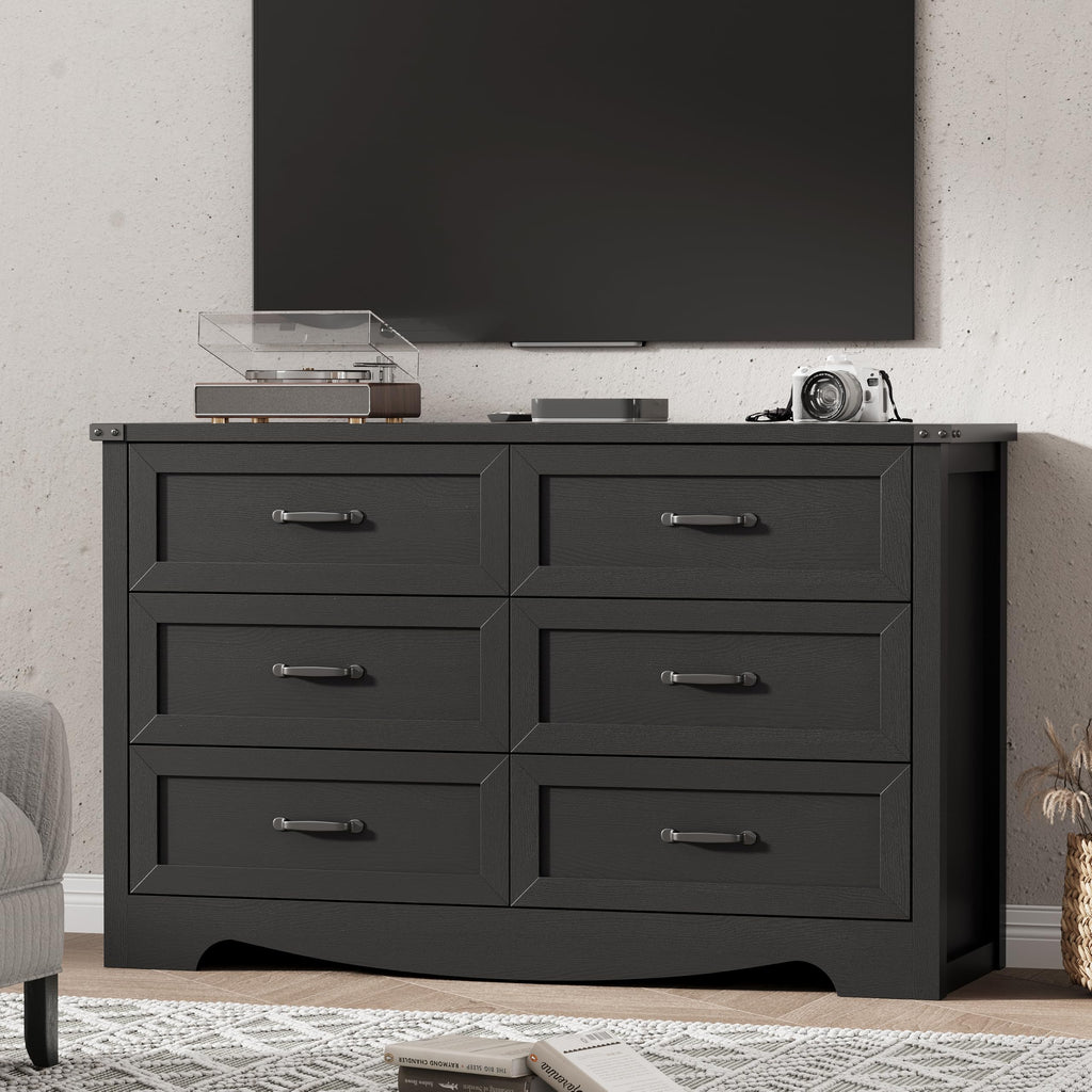 Dresser with 6 Drawers, 48" Wide Wood Chest of Drawers with Deep Drawers & Mental Handle, Modern Dresser TV Stand