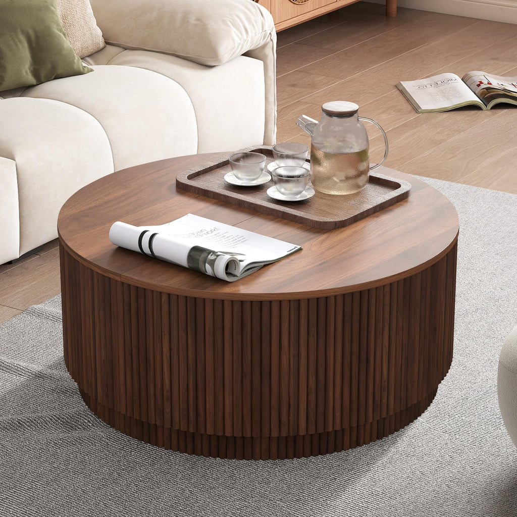 31.5" Round with Storage, Mid Century Modern Coffee Tables with Fluted Base, Wooden Circle Accent Center Table Small