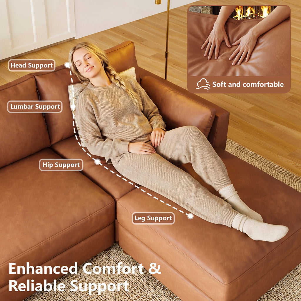 Faux Leather Modular Sectional Sofa Wide L Shaped Couches Brown